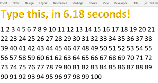 1 to 100 in 6.18 seconds, speed running with Microsoft Word