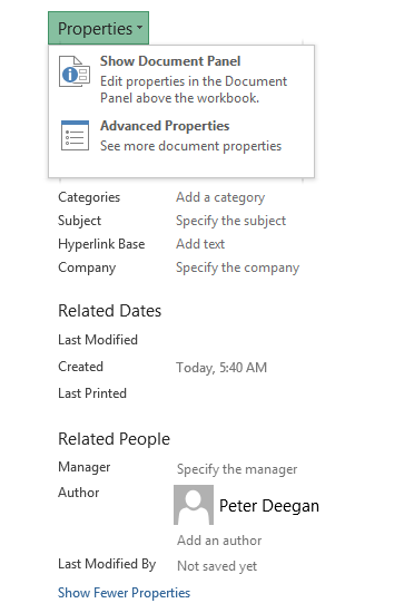 Adding Document Properties in Excel
