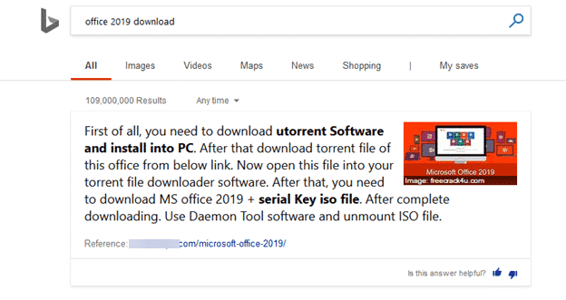 Bing shows how to pirate Office 2019