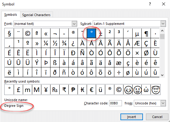 Degree symbol ° in Word, Excel and PowerPoint