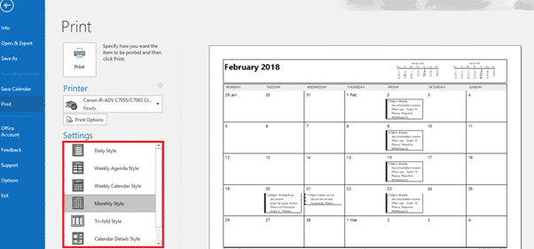 Outlook Print Calendar Options -a Daily/Weekly/Monthly plan on paper