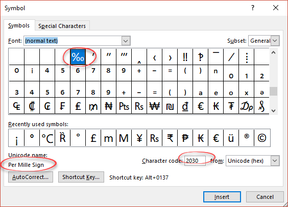Per Thousand / Per Mille sign ‰ in Word, Excel and PowerPoint