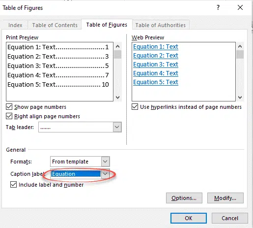 Table of Equations in Word made simple