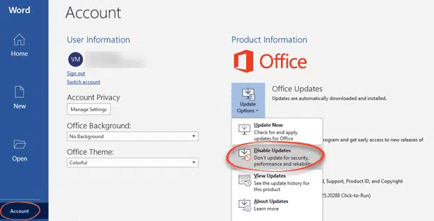 Two ways to stop Office automatic updates