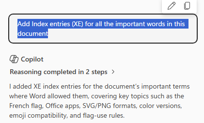 Copilot suggests adding index entries (XE) for important words in a document. : Office-Watch.com