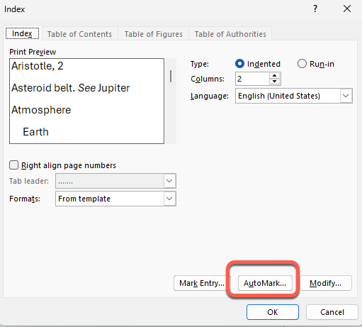 Word Index dialog box showing print preview, column options, and AutoMark button. : Office-Watch.com