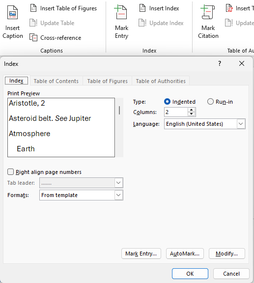 Word Index dialog box showing print preview : Office-Watch.com