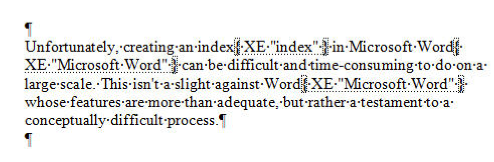 Microsoft Word showing index field codes and text. : Office-Watch.com
