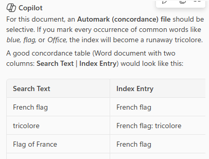 Example of a Word index table with "Search Text" and "Index Entry" columns. : Office-Watch.com