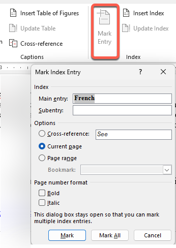 Mark Index Entry dialog box in Word, with "French" as the main entry. : Office-Watch.com