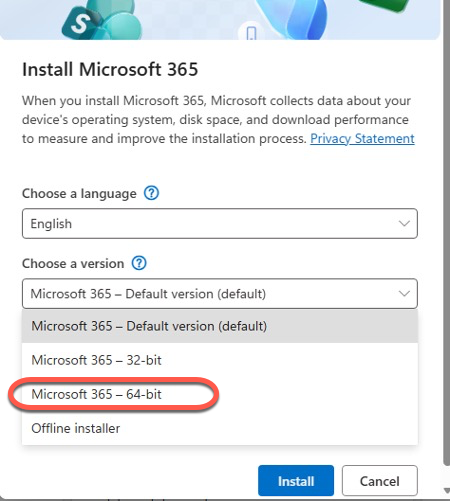 Microsoft 365 installation window showing options for language and version selection : Office-Watch.com