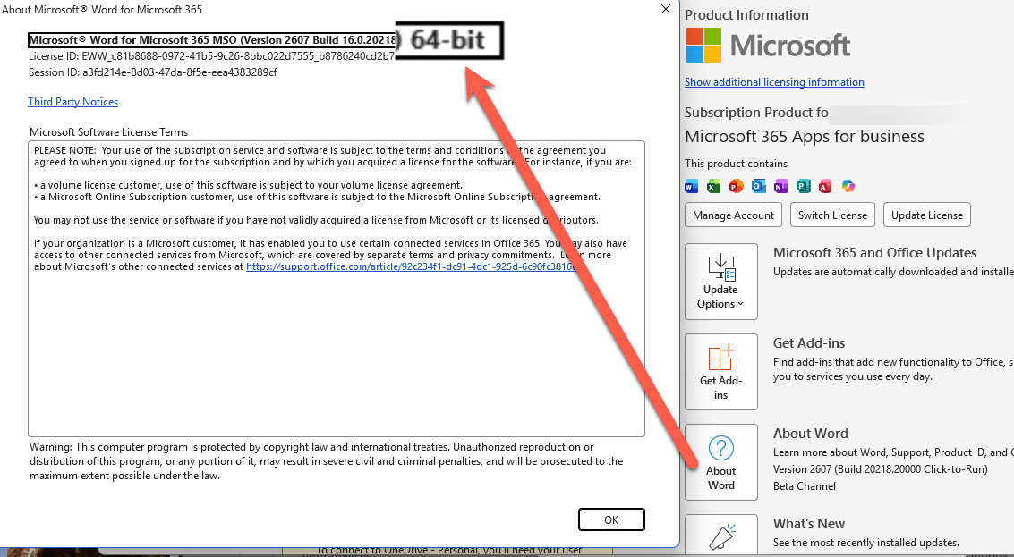 Microsoft Word About dialog showing "64-bit" version and product information : Office-Watch.com