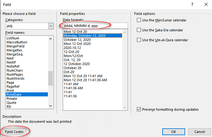 toggle field codes word 2013 for mac