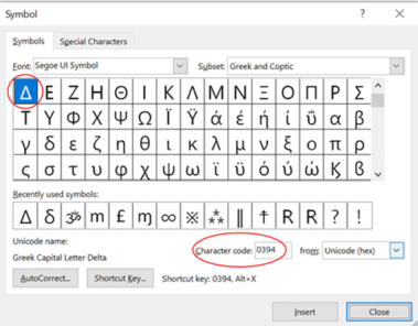 delta symbol in word