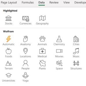Extra linked data types in Excel 365