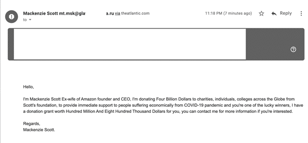 Beware the Mackenzie Scott (Bezos) scam email