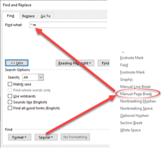Word Advanced Find – all the special codes