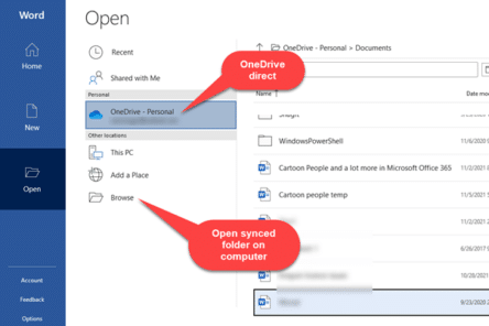 Two ways to open a OneDrive document in Microsoft Office