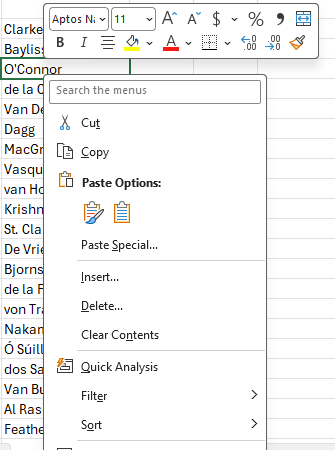 Excel right-click menu showing cut, copy, paste options, and filter. : Office-Watch.com