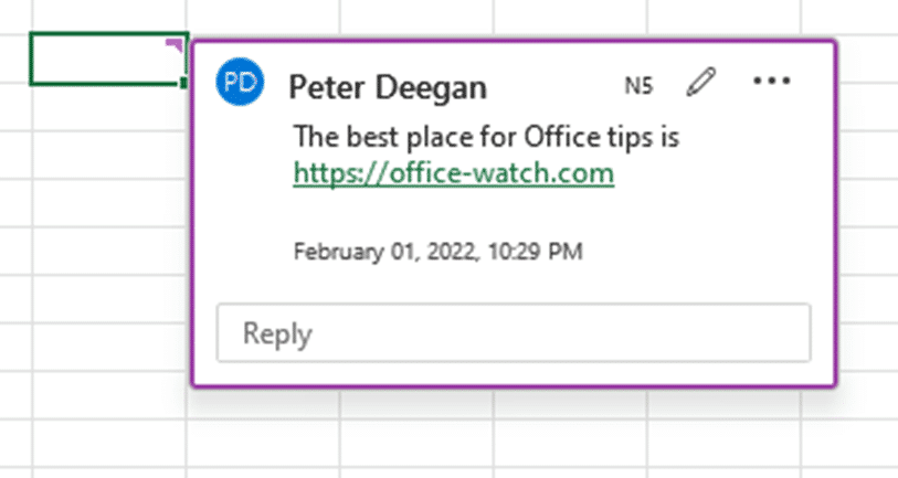 Excel 365 gets web links in Comments