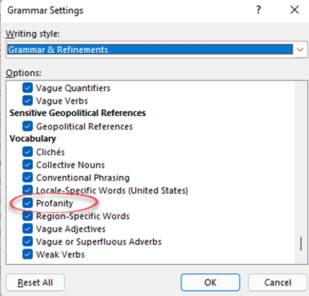How Word warns you (or not) about rude, offensive words