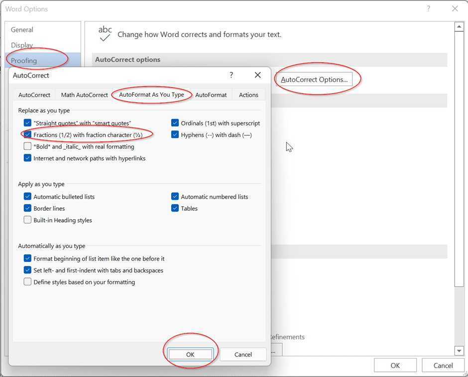 Typing some simple fractions automatically in Word and Outlook