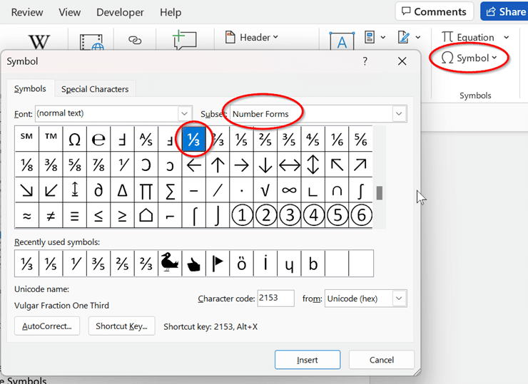 Typing common fractions in Word and Outlook