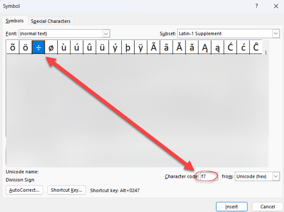 divide sign in word