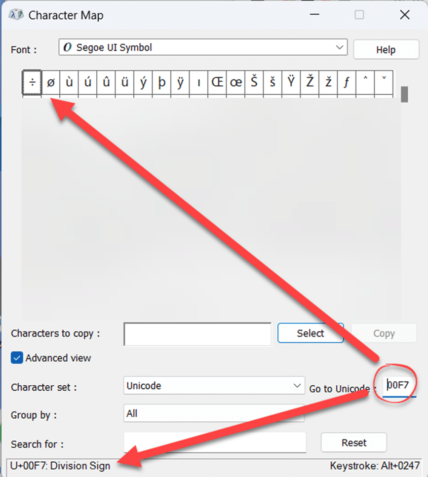 divide symbol in word