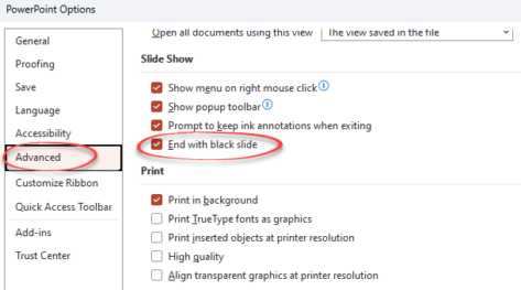 Avoid the black slide at the end of a PowerPoint slideshow
