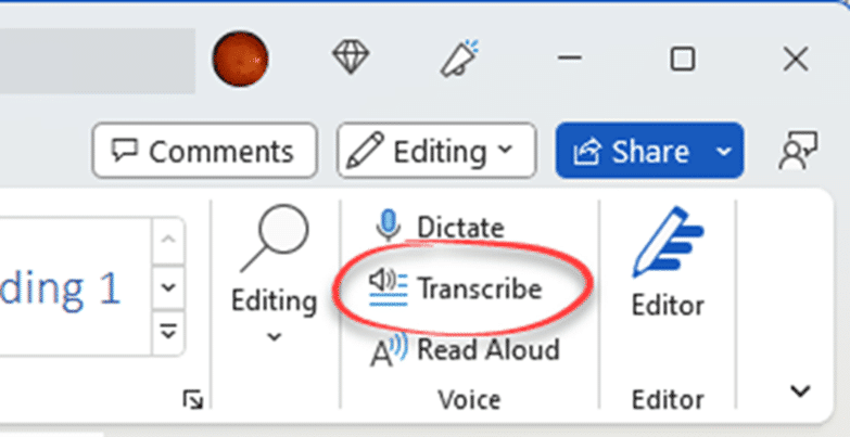 transcribe speech to text in word