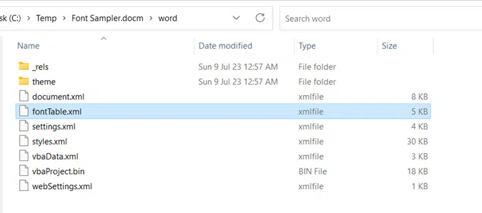 List fonts in a Word document – method 2
