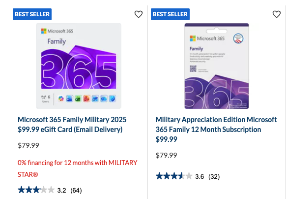 Two Microsoft 365 Family military discount options displayed with prices : Office-Watch.com