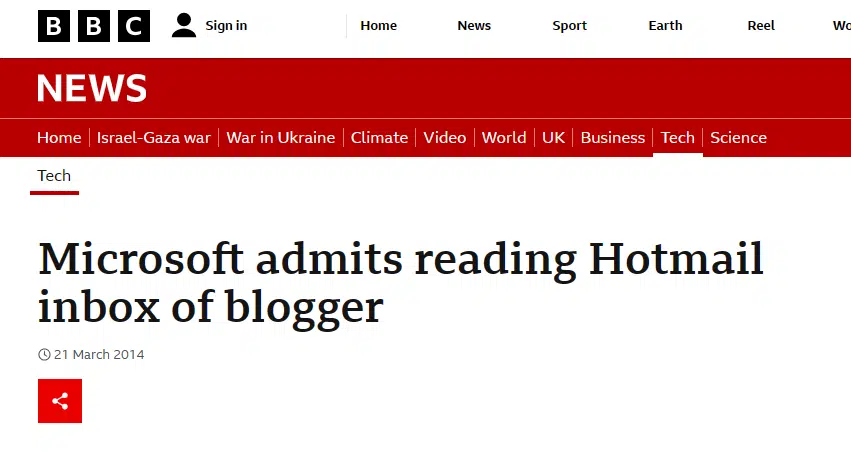 Microsoft reads private email on Hotmail/Outlook.com