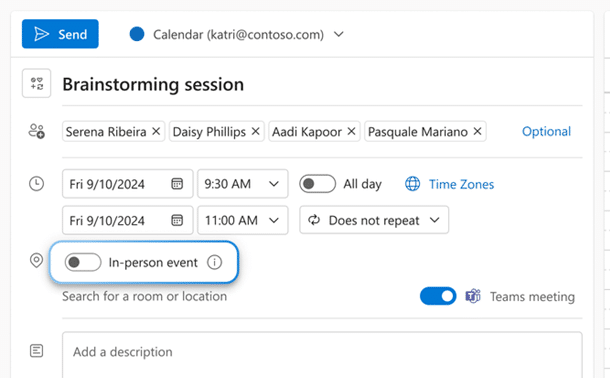 In person vs virtual event option in Outlook