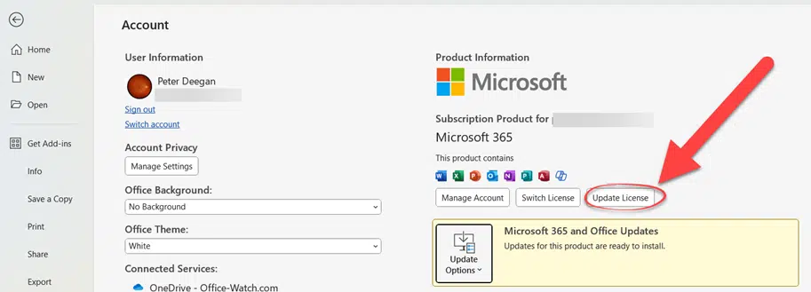 What “Update License” means on Microsoft 365 menus