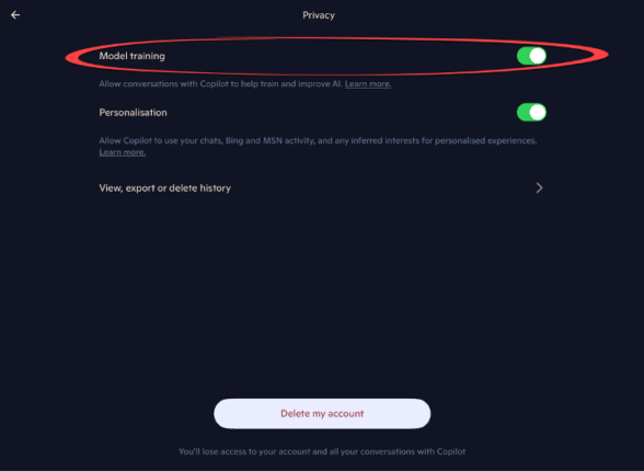 How to turn off Copilot model training