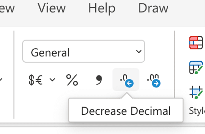 Excel increase/decrease decimal buttons change