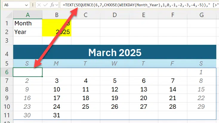 Great Excel monthly calendar from just one cell