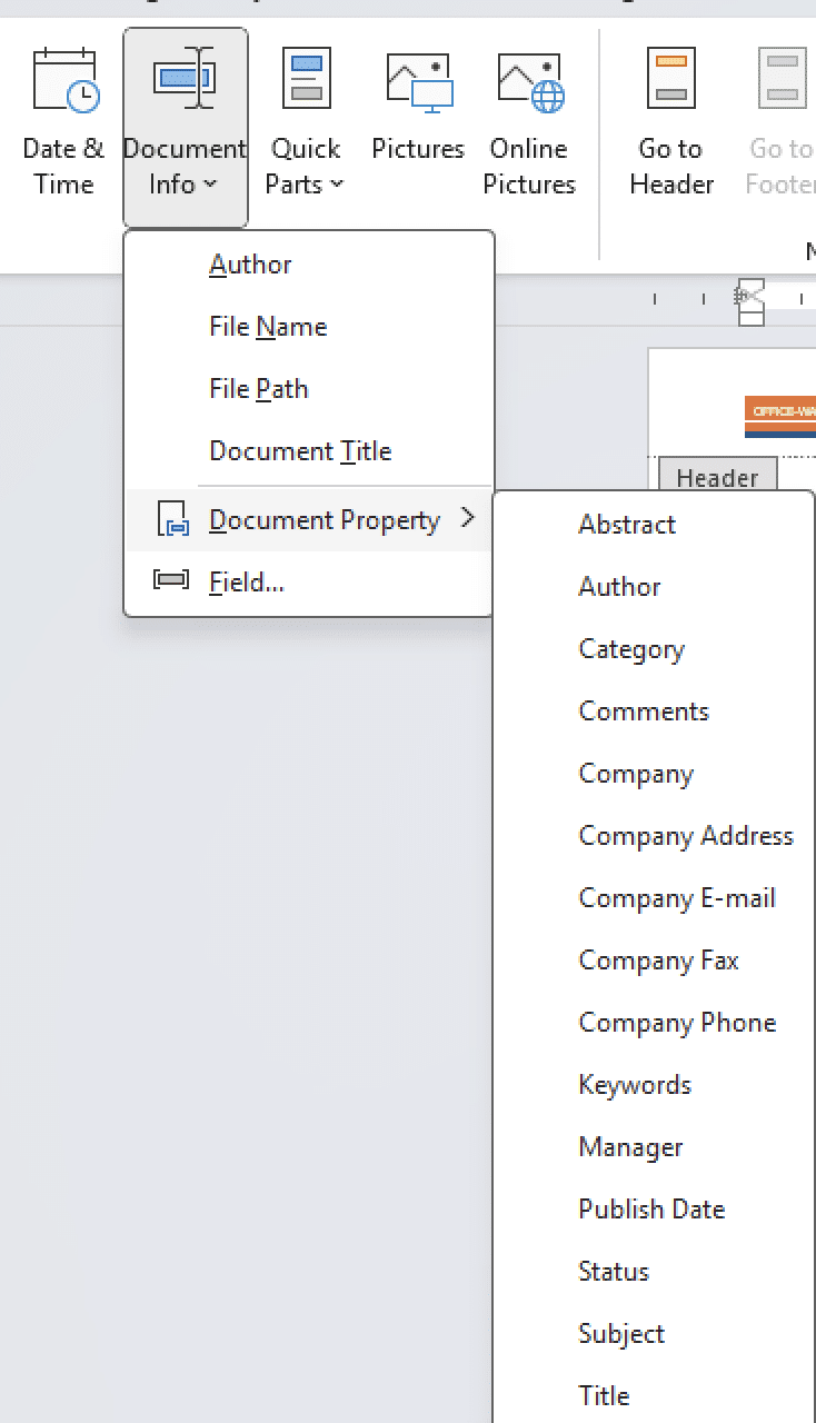 More details you can add to a Word  header or footer
