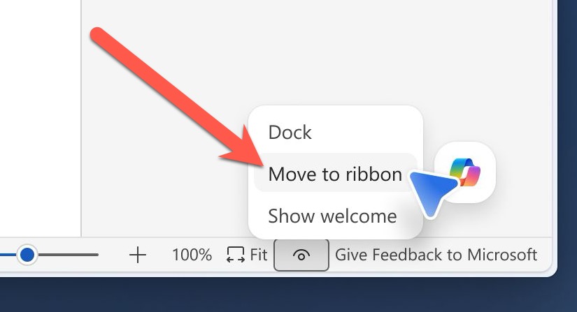 Microsoft application menu showing 'Move to ribbon' option