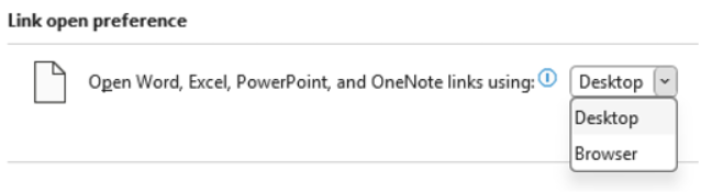 OneNote Link open preference setting on Mac showing Desktop and Browser options for opening Word, Excel and PowerPoint file links