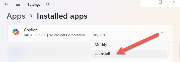 Windows 11 installed apps showing Copilot uninstall option
