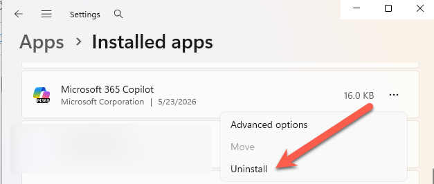 Uninstall Microsoft 365 Copilot from Windows settings