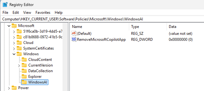 Windows Registry Editor showing WindowsAI key and RemoveMicrosoftCopilotApp DWORD