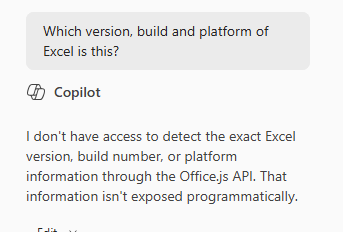 Copilot explains it cannot detect Excel version, build, or platform via Office.js API. : Office-Watch.com