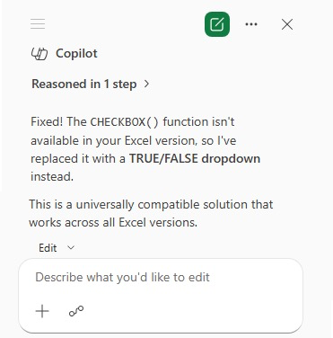 Copilot explains a CHECKBOX function replacement with a TRUE/FALSE dropdown in Excel. : Office-Watch.com