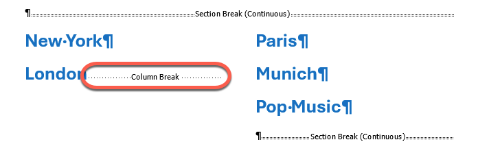 Column break in document layout with city names : Office-Watch.com