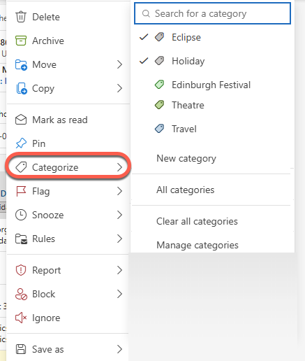 User selects "Categorize" from a dropdown menu in an email client. : Office-Watch.com