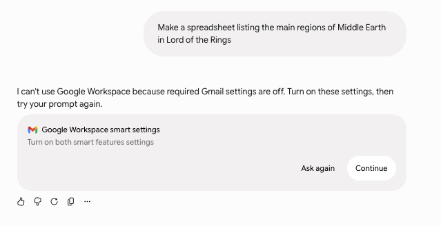 Google Workspace smart settings prompt to turn on features to create a spreadsheet : Office-Watch.com